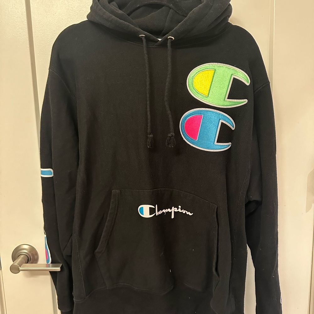 Champion Black Hoodie – Oversized Fit with Neon Logo Patchwork
